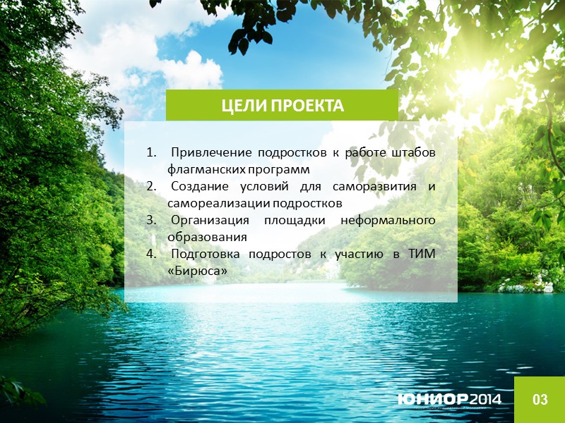 03 ЦЕЛИ ПРОЕКТА  Привлечение подростков к работе штабов флагманских программ  Создание условий